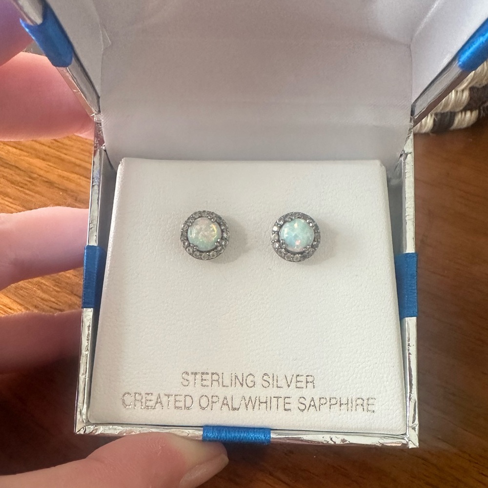 Sterling Silver Opal and White Sapphire Earrings
